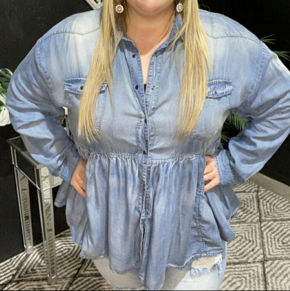 Long Denim Ruffle Shirt